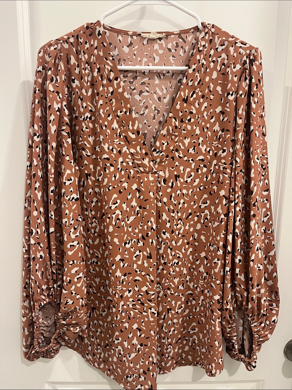 Women's V-Neck Long Sleeve Blouse in Brown Animal Print